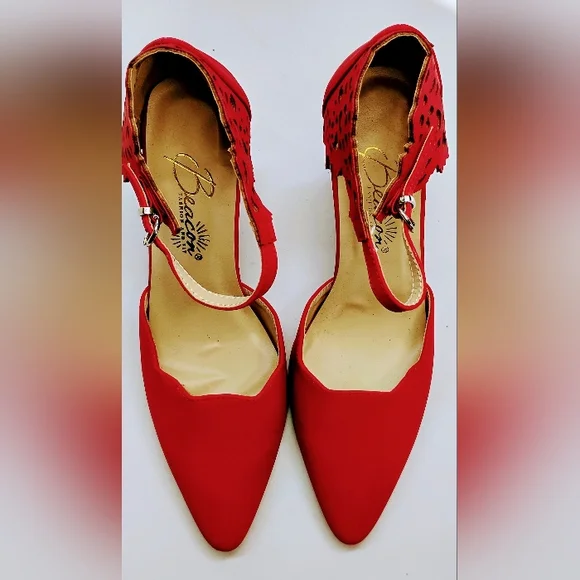 Beacon Crimson Pointed-Toe Cutout Ankle-Strap Heels - Picture 3 of 14